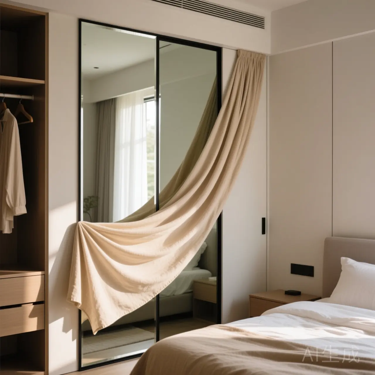 A decorative cloth covering a mirror on a closet door next to a bed.