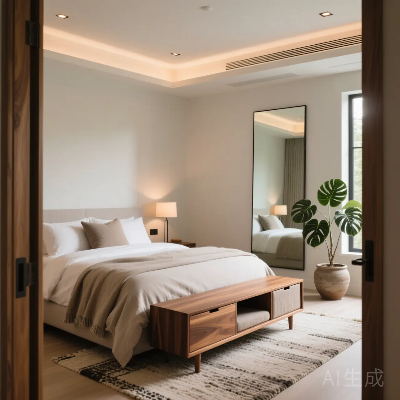A bed positioned diagonally to the door with a wooden bench at its foot.