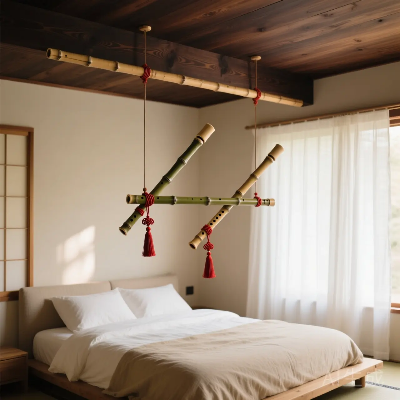 Two bamboo flutes hanging elegantly on an overhead ceiling beam in a bedroom.