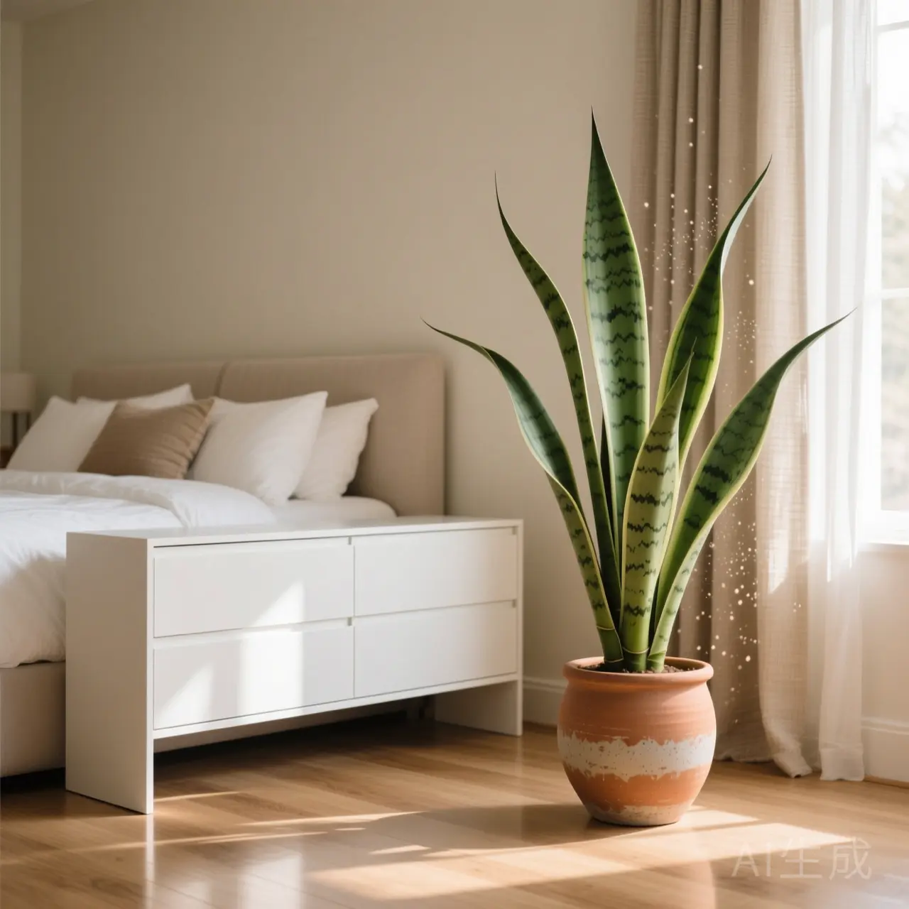A lush green plant placed strategically to soften the sharp corner of a dresser.