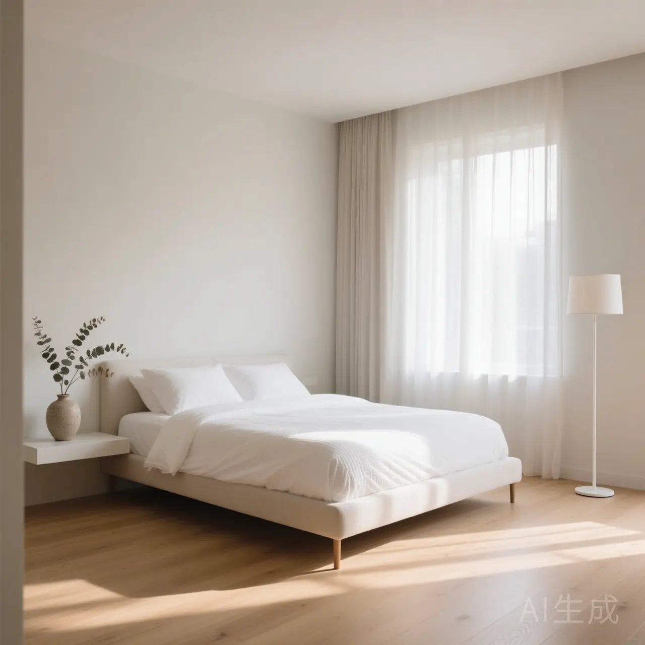 A clean and empty space under a well-made bed in a minimalist room.